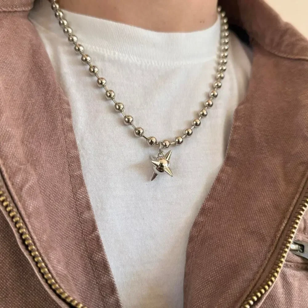 y2k 2000s silver bead pendant barbed ball pendant chain necklace